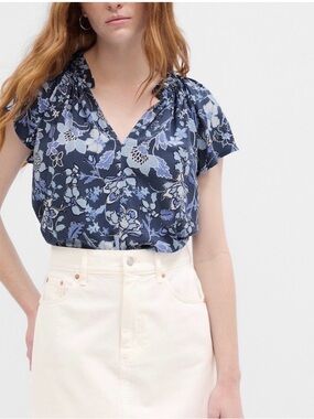 GAP Blue Floral Cap Sleeve Split Neck Blouse